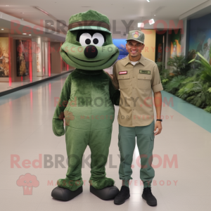 Forest Green Green Beret mascot costume character dressed with a Boyfriend Jeans and Caps