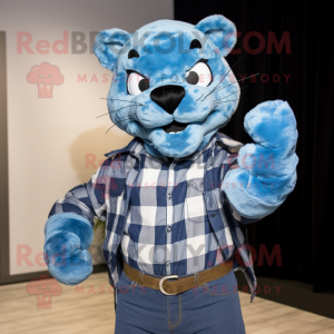 Blue Puma mascot costume character dressed with a Flannel Shirt and Earrings