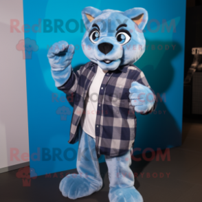 Blue Puma mascot costume character dressed with a Flannel Shirt and Earrings