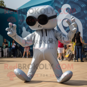 Silver Octopus mascot costume character dressed with a Jumpsuit and Sunglasses