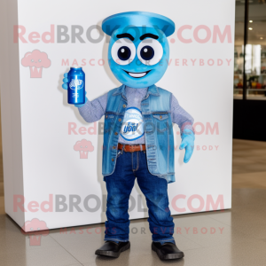 Blue Soda Can mascot costume character dressed with a Oxford Shirt and Bracelets