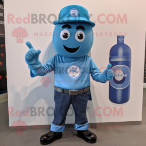 Blue Soda Can mascot costume character dressed with a Oxford Shirt and Bracelets