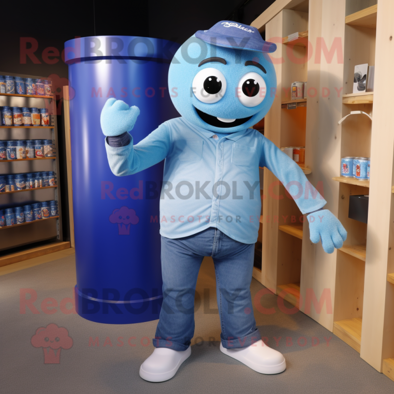 Blue Soda Can mascot costume character dressed with a Oxford Shirt and Bracelets