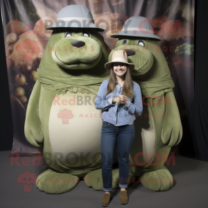 Olive Walrus mascot costume character dressed with a Mom Jeans and Hats