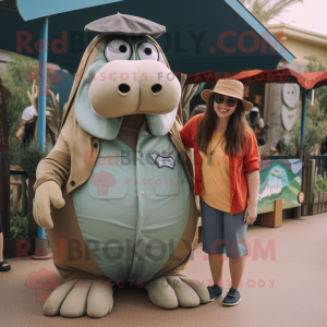 Olive Walrus mascot costume character dressed with a Mom Jeans and Hats