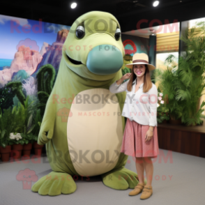 Olive Walrus mascot costume character dressed with a Mom Jeans and Hats
