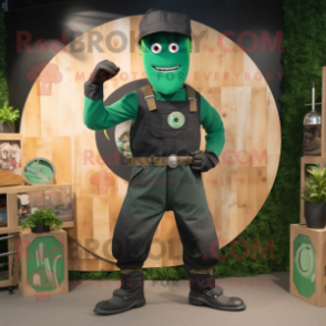 Green Knife Thrower mascot costume character dressed with a Dungarees and Rings