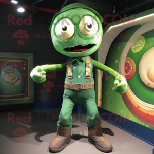 Green Knife Thrower mascot costume character dressed with a Dungarees and Rings