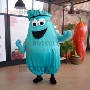 Teal Pepper mascot costume character dressed with a Culottes and Suspenders