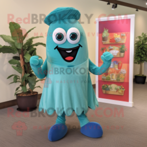 Teal Pepper mascot costume character dressed with a Culottes and Suspenders