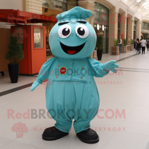 Teal Pepper mascot costume character dressed with a Culottes and Suspenders