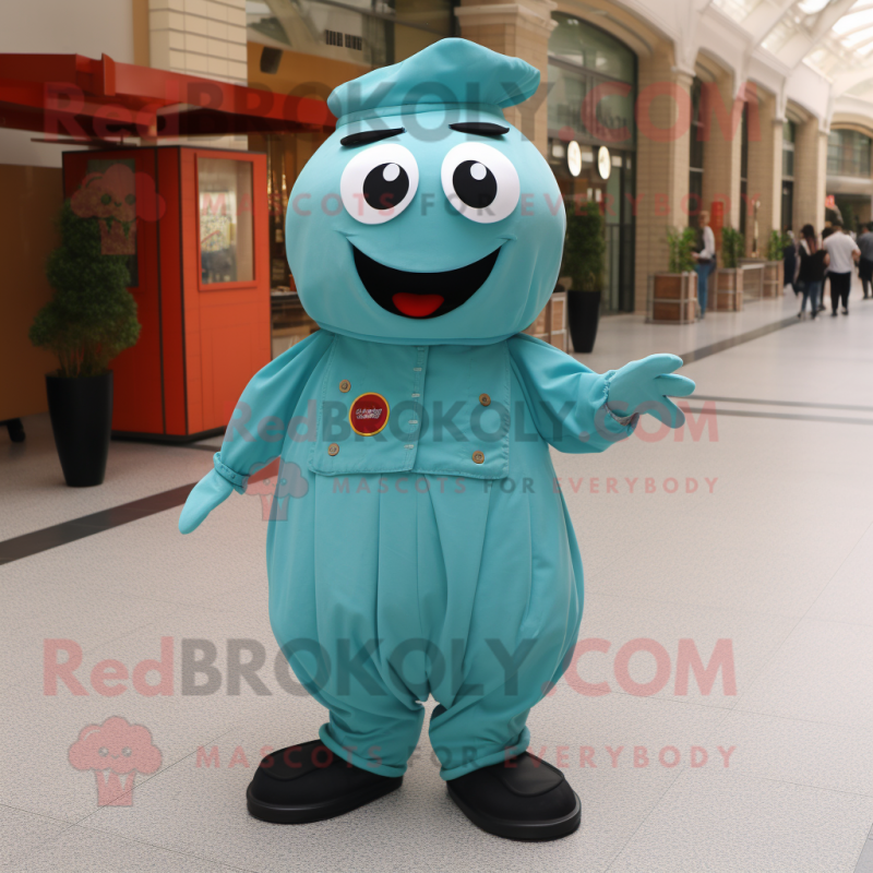 Teal Pepper mascot costume character dressed with a Culottes and Suspenders