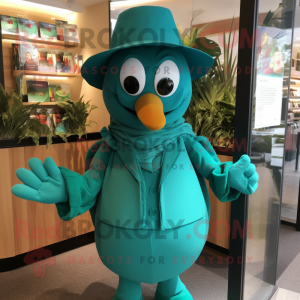 Teal Pepper mascot costume character dressed with a Culottes and Suspenders