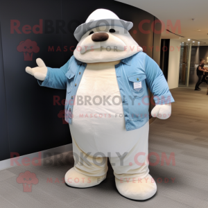 White Walrus mascot costume character dressed with a Flare Jeans and Hats