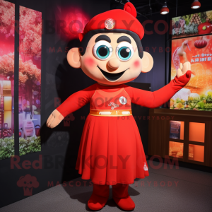 Red Pad Thai mascot costume character dressed with a Midi Dress and Suspenders