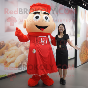 Red Pad Thai mascot costume character dressed with a Midi Dress and Suspenders