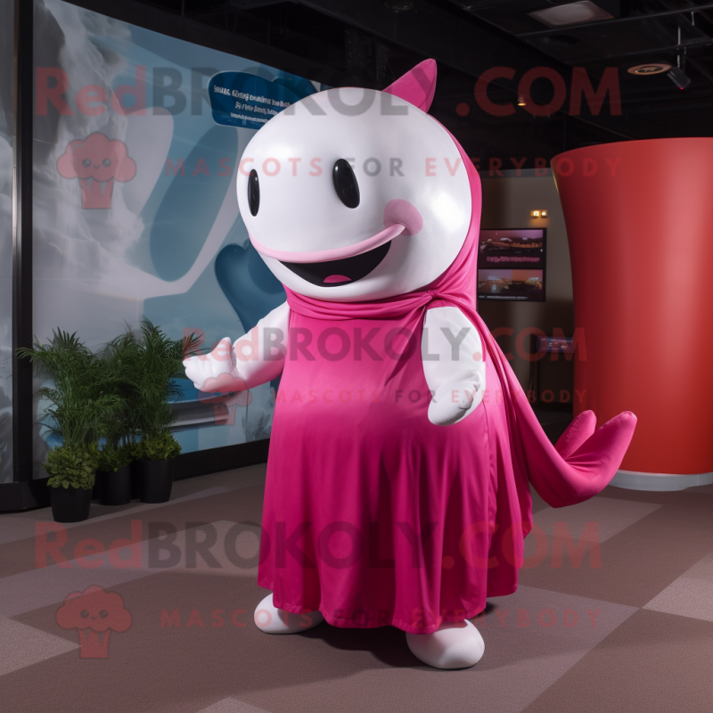 Magenta Beluga Whale mascot costume character dressed with a A-Line Dress and Headbands