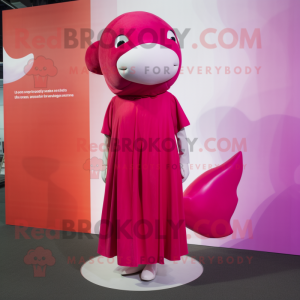 Magenta Beluga Whale mascot costume character dressed with a A-Line Dress and Headbands