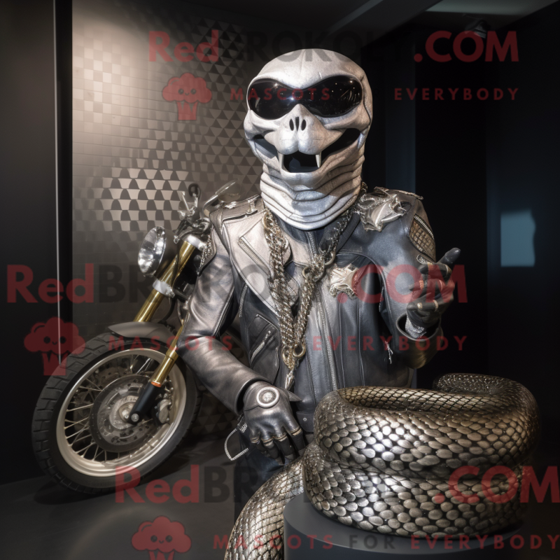Silver Python maskotdräkt klädd i en motorcykeljacka och halsband - Python Mascots - REBROKO_363967 - RedBrokoly.com