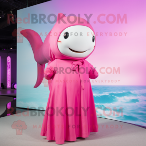 Magenta Beluga Whale mascot costume character dressed with a A-Line Dress and Headbands