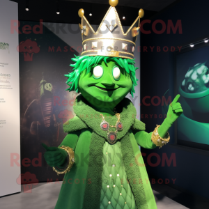 Green Queen mascot costume character dressed with a Hoodie and Necklaces
