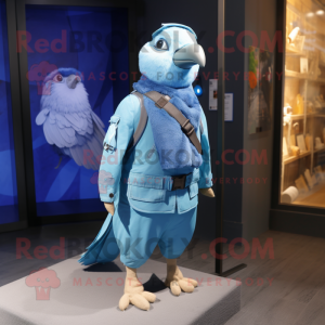 Blue Pigeon mascot costume character dressed with a Cargo Pants and Scarves