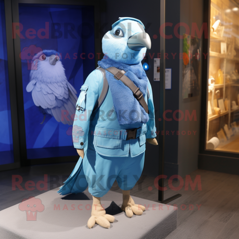 Blue Pigeon mascot costume character dressed with a Cargo Pants and Scarves Blue Pigeon mascot costume character dressed with a Cargo Pants and Scarves
