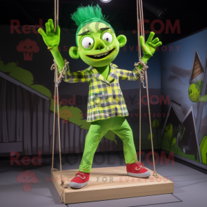 Lime Green Trapeze Artist mascot costume character dressed with a Flannel Shirt and Hairpins