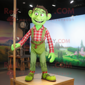 Lime Green Trapeze Artist mascot costume character dressed with a Flannel Shirt and Hairpins