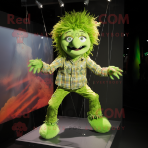 Lime Green Trapeze Artist mascot costume character dressed with a Flannel Shirt and Hairpins