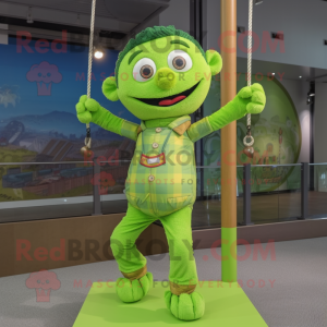Lime Green Trapeze Artist mascot costume character dressed with a Flannel Shirt and Hairpins