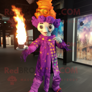 Lavender Fire Eater mascot costume character dressed with a Jumpsuit and Scarves