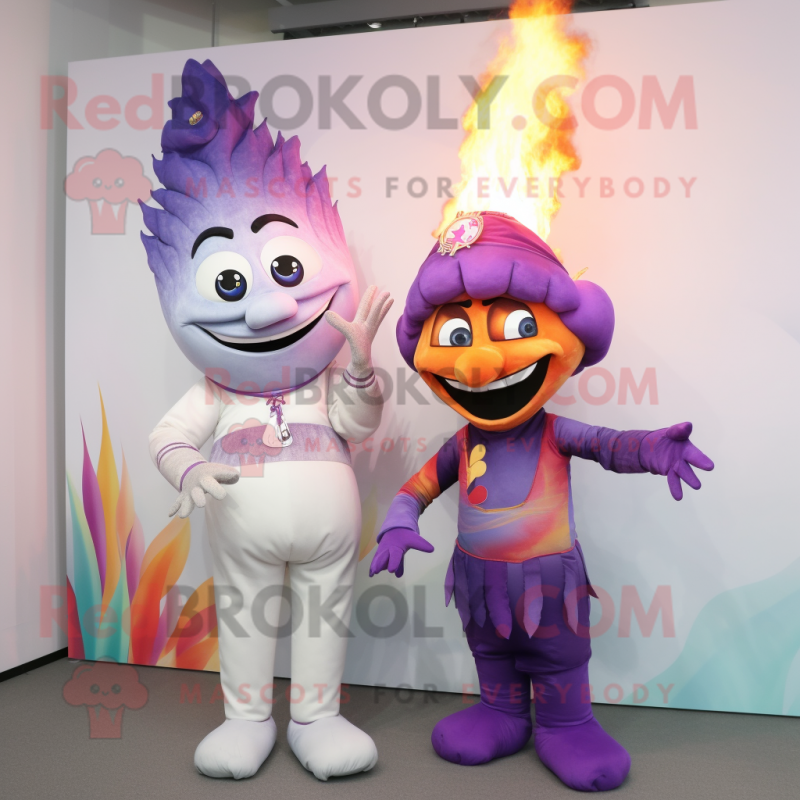 Lavender Fire Eater mascot costume character dressed with a Jumpsuit and Scarves Lavender Fire Eater mascot costume character dressed with a Jumpsuit and Scarves