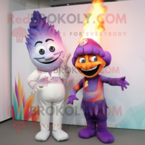 Lavender Fire Eater mascot costume character dressed with a Jumpsuit and Scarves