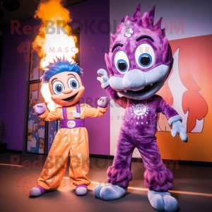 Lavender Fire Eater mascot costume character dressed with a Jumpsuit and Scarves