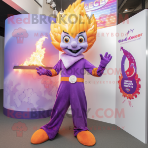 Lavender Fire Eater mascot costume character dressed with a Jumpsuit and Scarves