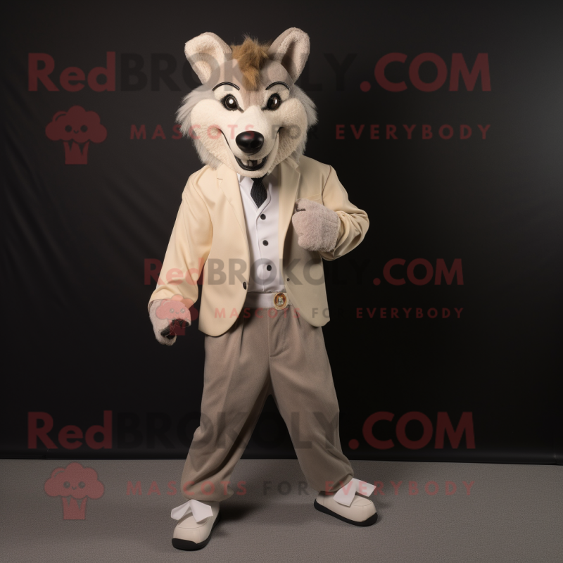 Beige Wolf mascot costume character dressed with a Suit Jacket and Shoe laces Beige Wolf mascot costume character dressed with a Suit Jacket and Shoe laces