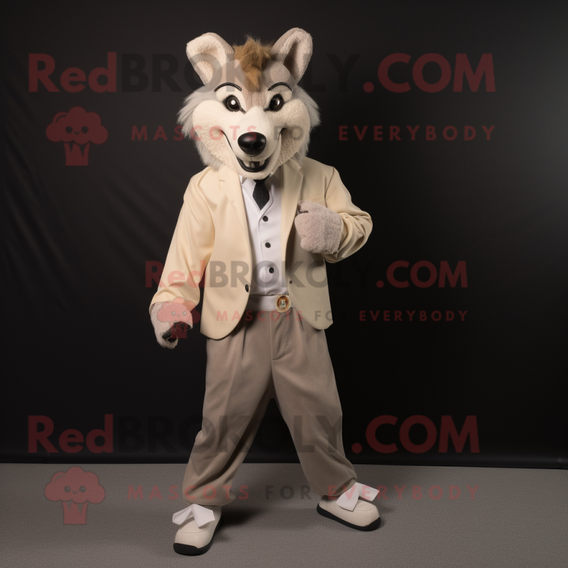 Beige Wolf mascot costume character dressed with a Suit Jacket and Shoe laces