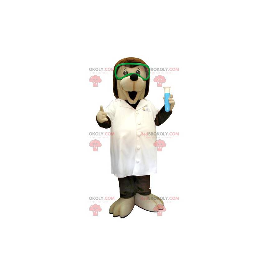 Hnědý a béžový maskot vědeckého psa v laboratorním plášti -