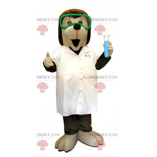 Mascota de perro científico marrón y beige en una bata de