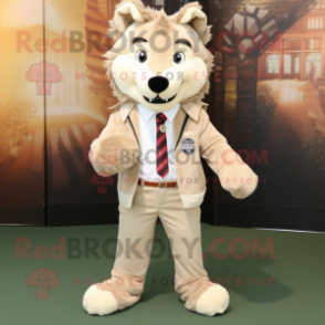 Beige Wolf mascot costume character dressed with a Suit Jacket and Shoe laces