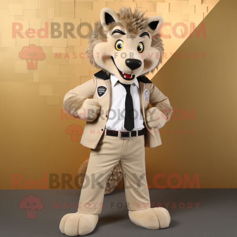 Beige Wolf mascot costume character dressed with a Suit Jacket and Shoe laces