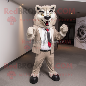 Beige Wolf mascot costume character dressed with a Suit Jacket and Shoe laces