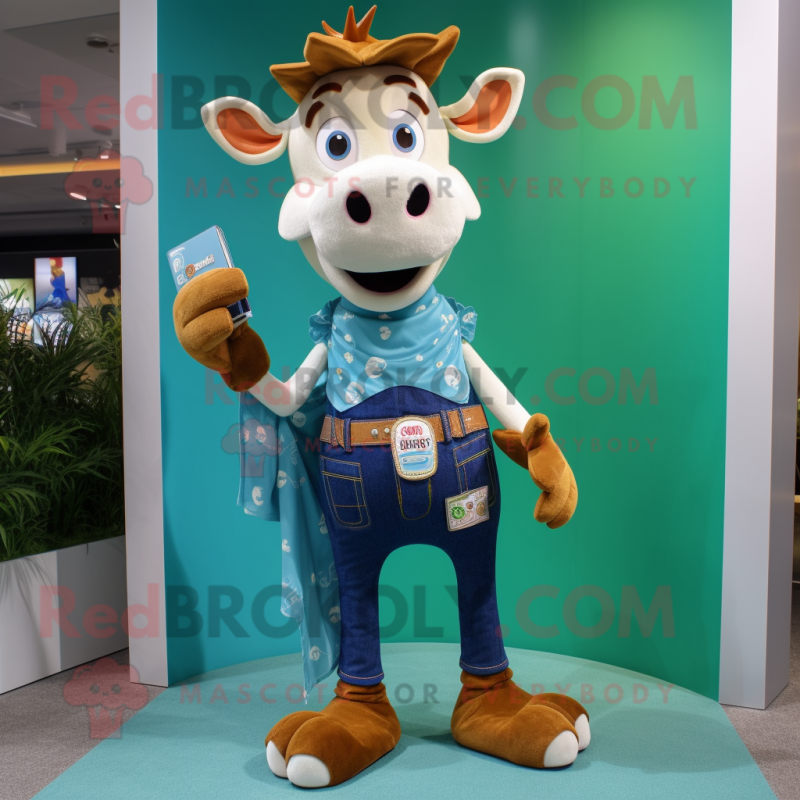 Cyan Guernsey Cow mascot costume character dressed with a Skinny Jeans and Coin purses