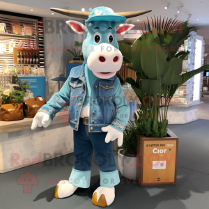 Cyan Guernsey Cow mascot costume character dressed with a Skinny Jeans and Coin purses