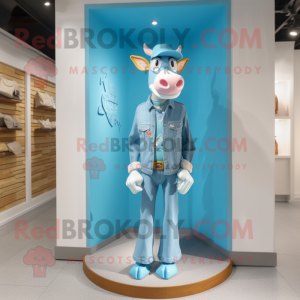 Cyan Guernsey Cow mascot costume character dressed with a Skinny Jeans and Coin purses