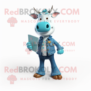 Cyan Guernsey Cow mascot costume character dressed with a Skinny Jeans and Coin purses