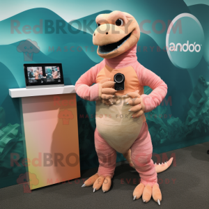 Peach Komodo Dragon mascot costume character dressed with a Bikini and Smartwatches