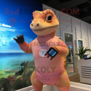 Peach Komodo Dragon mascot costume character dressed with a Bikini and Smartwatches