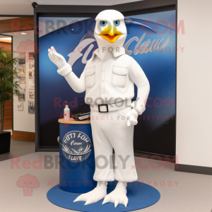 White Gull mascot costume character dressed with a Flare Jeans and Gloves